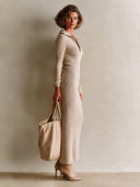 Women's Stylish Khaki V-Neck Ribbed Knit Slim-Fit High-stretch Long-Sleeve Midi Dress ZMZ0444I8SWL
