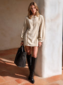 Women's Stylish Beige Faux Suede Lace-Up Neck Long-Sleeve Mini Dress ZMZ0492I0SWL