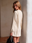 Women's Stylish Beige Faux Suede Lace-Up Neck Long-Sleeve Mini Dress ZMZ0492I0SWL