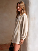 Women's Stylish Beige Faux Suede Lace-Up Neck Long-Sleeve Mini Dress ZMZ0492I0SWL