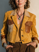 Women's Fashionable Color-Block Faux Suede Three-Button Cropped Jacket ZMZ0464I5SWL