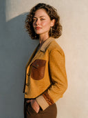 Women's Fashionable Color-Block Faux Suede Three-Button Cropped Jacket ZMZ0464I5SWL