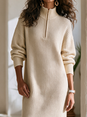 Women's Classic Retro Casual Textured Knit Stand-Collar Zip-Front Long-Sleeve Maxi Dress ZMZ0401I9ZYY