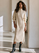Women's Classic Retro Casual Textured Knit Stand-Collar Zip-Front Long-Sleeve Maxi Dress ZMZ0401I9ZYY
