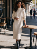Women's Classic Retro Casual Textured Knit Stand-Collar Zip-Front Long-Sleeve Maxi Dress ZMZ0401I9ZYY