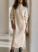 Women's Classic Retro Casual Textured Knit Stand-Collar Zip-Front Long-Sleeve Maxi Dress ZMZ0401I9ZYY