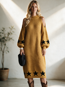 Women's Classic Vintage Casual Loose Midi Dress With Stand Collar, Lantern Sleeves, Shoulder Cutouts, And Star Jacquard Pattern ZMZ0411I2ZYY