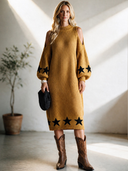 Women's Classic Vintage Casual Loose Midi Dress With Stand Collar, Lantern Sleeves, Shoulder Cutouts, And Star Jacquard Pattern ZMZ0411I2ZYY