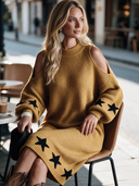 Women's Classic Vintage Casual Loose Midi Dress With Stand Collar, Lantern Sleeves, Shoulder Cutouts, And Star Jacquard Pattern ZMZ0411I2ZYY
