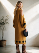 Women's Classic Vintage Casual Loose Midi Dress With Stand Collar, Lantern Sleeves, Shoulder Cutouts, And Star Jacquard Pattern ZMZ0411I2ZYY