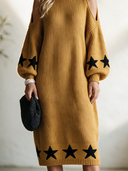 Women's Classic Vintage Casual Loose Midi Dress With Stand Collar, Lantern Sleeves, Shoulder Cutouts, And Star Jacquard Pattern ZMZ0411I2ZYY