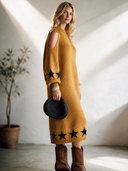 Women's Classic Vintage Casual Loose Midi Dress With Stand Collar, Lantern Sleeves, Shoulder Cutouts, And Star Jacquard Pattern ZMZ0411I2ZYY