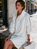 Women's French-style Elegant Mock-neck Zip-front Long-sleeve Loose-fit Knit Mini Dress ZMZ0481I3ZYY