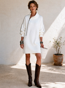 Women's French-style Elegant Mock-neck Zip-front Long-sleeve Loose-fit Knit Mini Dress ZMZ0481I3ZYY