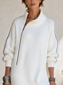 Women's French-style Elegant Mock-neck Zip-front Long-sleeve Loose-fit Knit Mini Dress ZMZ0481I3ZYY