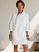 Women's French-style Elegant Mock-neck Zip-front Long-sleeve Loose-fit Knit Mini Dress ZMZ0481I3ZYY