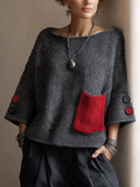 Women's Vintage Dark Grey Three-quarter Sleeve Knit Sweater ZMZ0444I1SWL