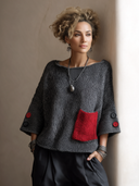Women's Vintage Dark Grey Three-quarter Sleeve Knit Sweater ZMZ0444I1SWL