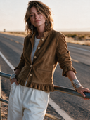 Women's American Retro Casual Faux Suede Single-Breasted Jacket With Stand Collar And Ruffle Detail ZMZ0470I2ZYY