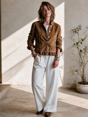 Women's American Retro Casual Faux Suede Single-Breasted Jacket With Stand Collar And Ruffle Detail ZMZ0470I2ZYY
