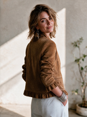 Women's American Retro Casual Faux Suede Single-Breasted Jacket With Stand Collar And Ruffle Detail ZMZ0470I2ZYY