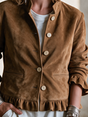 Women's American Retro Casual Faux Suede Single-Breasted Jacket With Stand Collar And Ruffle Detail ZMZ0470I2ZYY