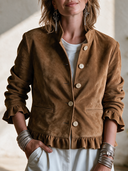 Women's American Retro Casual Faux Suede Single-Breasted Jacket With Stand Collar And Ruffle Detail ZMZ0470I2ZYY