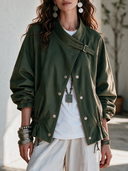 Women's American Retro Casual Twill Cotton Jacket With Stand Collar And Single-Breasted Closure ZMZ0460I3ZYY