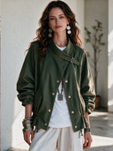 Women's American Retro Casual Twill Cotton Jacket With Stand Collar And Single-Breasted Closure ZMZ0460I3ZYY