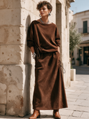 Women's Vintage Western-Style Faux Suede Crew-Neck Long-Sleeve Sweatshirt And Elastic-Waist Skirt Set ZMZ0403I6ZYY