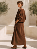 Women's Vintage Western-Style Faux Suede Crew-Neck Long-Sleeve Sweatshirt And Elastic-Waist Skirt Set ZMZ0403I6ZYY