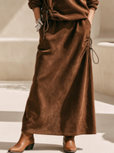 Women's Vintage Western-Style Faux Suede Crew-Neck Long-Sleeve Sweatshirt And Elastic-Waist Skirt Set ZMZ0403I6ZYY