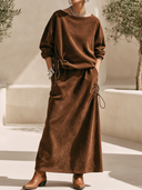 Women's Vintage Western-Style Faux Suede Crew-Neck Long-Sleeve Sweatshirt And Elastic-Waist Skirt Set ZMZ0403I6ZYY