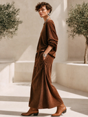 Women's Vintage Western-Style Faux Suede Crew-Neck Long-Sleeve Sweatshirt And Elastic-Waist Skirt Set ZMZ0403I6ZYY