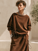 Women's Vintage Western-Style Faux Suede Crew-Neck Long-Sleeve Sweatshirt And Elastic-Waist Skirt Set ZMZ0403I6ZYY