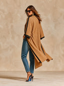 Women's Camel Contrast Trim Kimono Cape Long Coat ZMZ0750I3XT