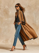 Women's Camel Contrast Trim Kimono Cape Long Coat ZMZ0750I3XT