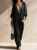 Women's Vintage Casual Shimmering Greek Key V-Neck Long-Sleeve Loose Maxi Dress ZMZ0711I2ZJY