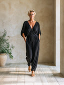 Women's Deep V-Neck Zip-Front Batwing Sleeve Harem Jumpsuit ZMZ0768I4YZH