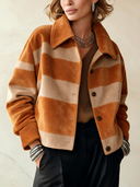 Women's Vintage Faux Suede Color-Block Striped Button-Front Cropped Jacket ZMZ0714I7SWL