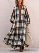 Women's Vintage Loose Plaid Long-Sleeve Midi Dress ZMZ0709I5SWL