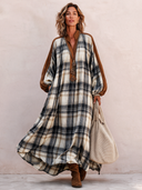 Women's Vintage Loose Plaid Long-Sleeve Midi Dress ZMZ0709I5SWL