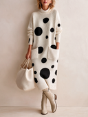 Women's Elegant Polka-Dot Long-Sleeve High-Stretch Knit Midi Dress ZMZ0723I6SWL