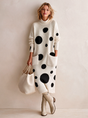 Women's Elegant Polka-Dot Long-Sleeve High-Stretch Knit Midi Dress ZMZ0723I6SWL