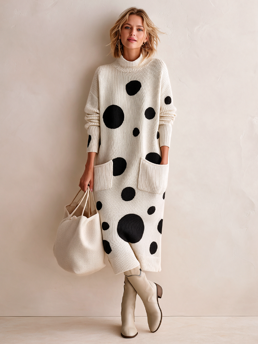 Women's Elegant Polka-Dot Long-Sleeve High-Stretch Knit Midi Dress ZMZ0723I6SWL
