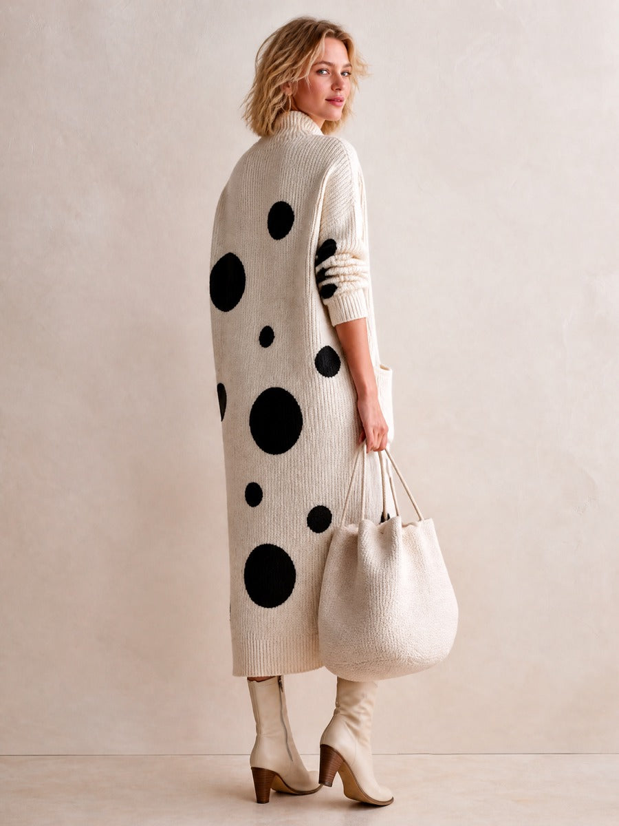 Women's Elegant Polka-Dot Long-Sleeve High-Stretch Knit Midi Dress ZMZ0723I6SWL