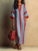 Women's French-style Relaxed-fit Striped V-neck Maxi Dress ZMZ0748I1XT