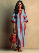 Women's French-style Relaxed-fit Striped V-neck Maxi Dress ZMZ0748I1XT