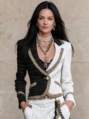Women's Retro Casual Color Block Collar Button Jacket ZMZ0782I5ZJY