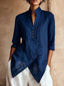 Women's Designer Solid Color Stand Collar Linen Long-sleeved Shirt ZMZ0793I3XT